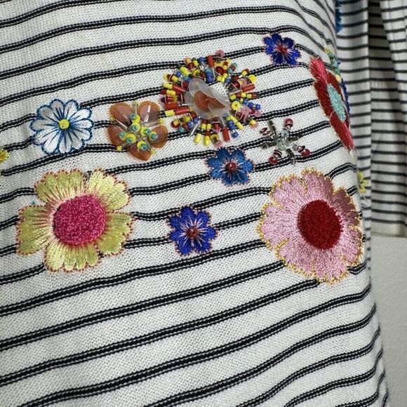 Talbots Sweater Medium Striped Floral Embroidery Beaded Embellish Bell Sleeve - Picture 8 of 16